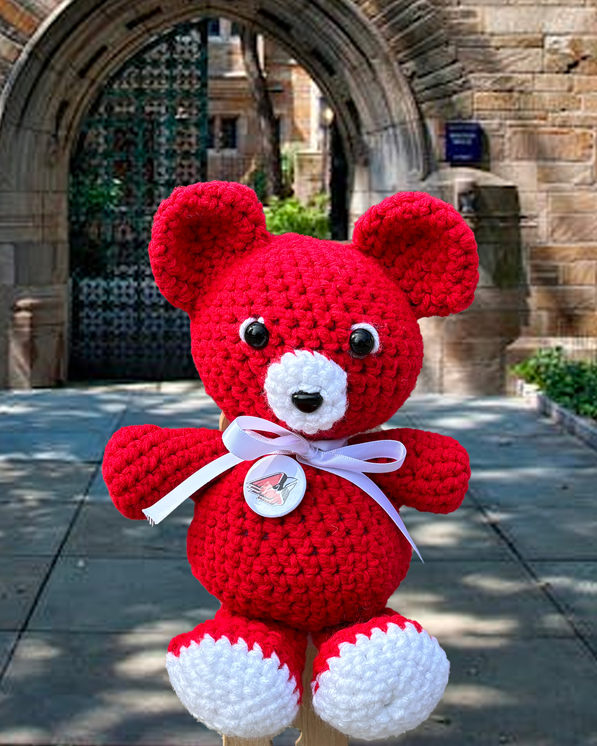 Crochet bear in front of university