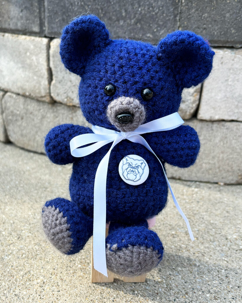 Graduation crochet bear showing Butler University