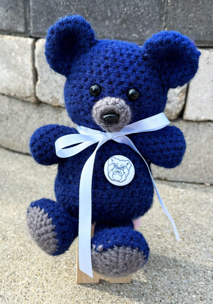 Graduation crochet bear showing Butler University