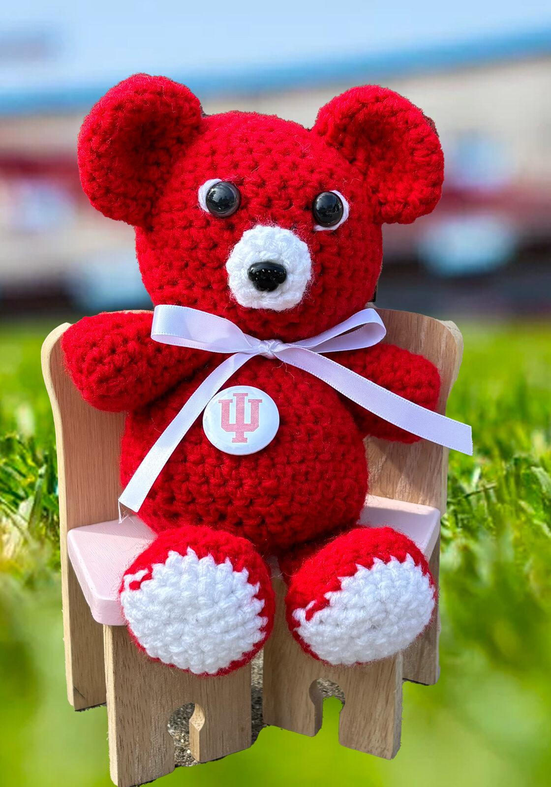 Crochet bear with an Indiana University button